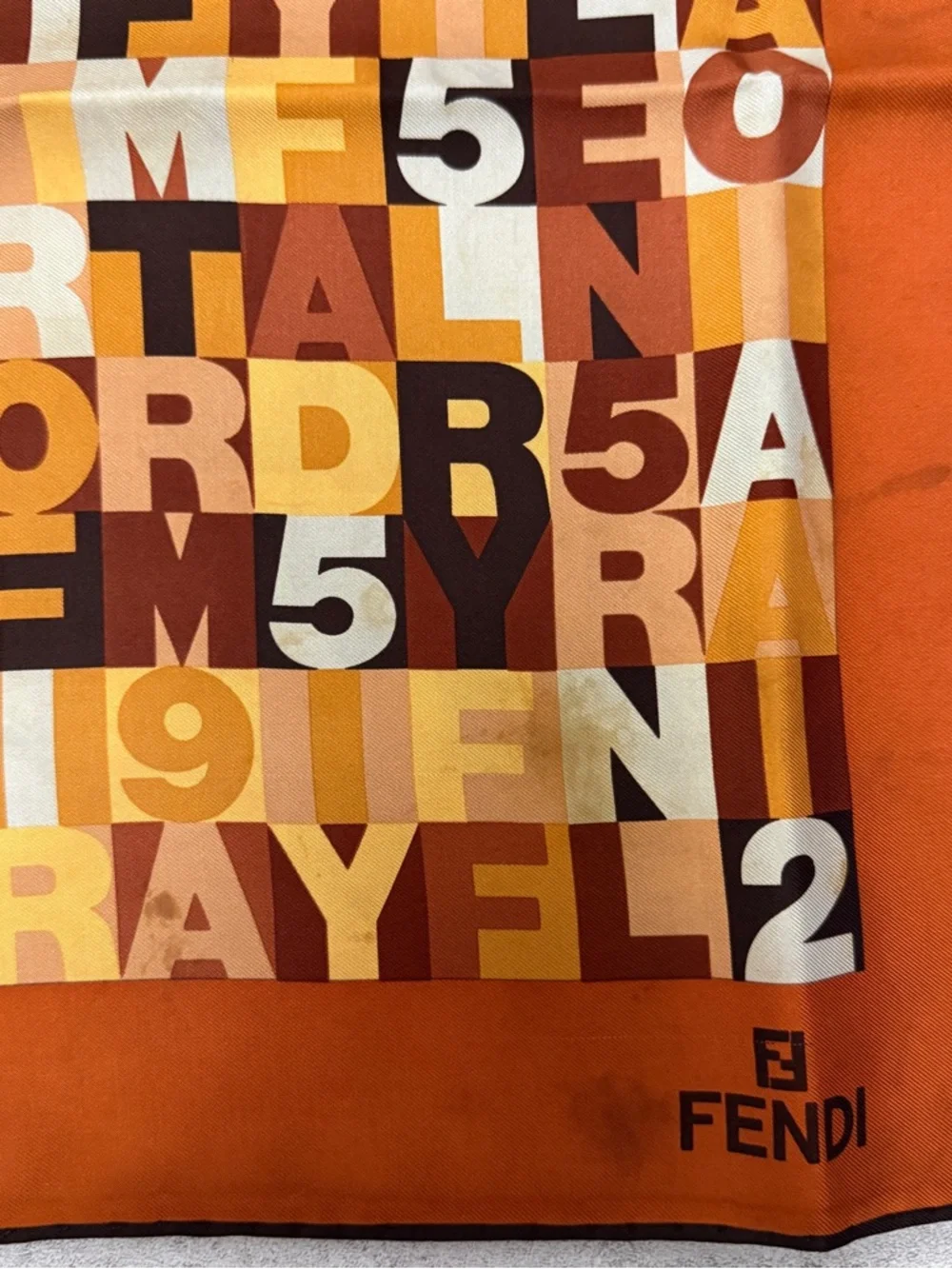 Fendi Multicolor Graphic Silk Scarf in Orange, Brown & Cream - Picture 2 of 12